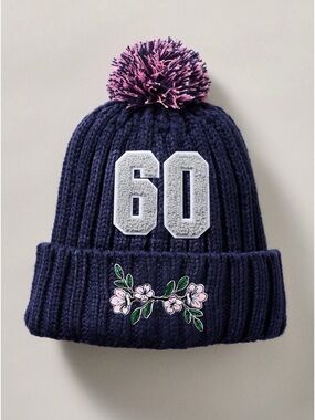 Anthropologie Navy Blue The Wild Collective Sporty Floral Beanie Game Day OS